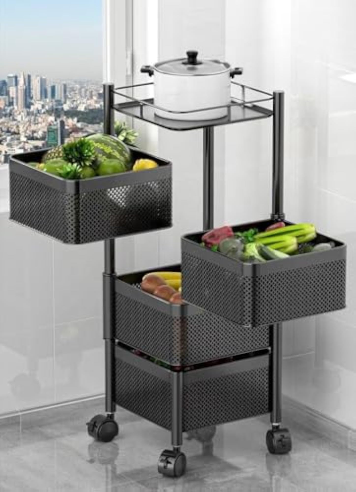 4-Tier Rolling Kitchen Storage Cart with Metal Mesh Baskets